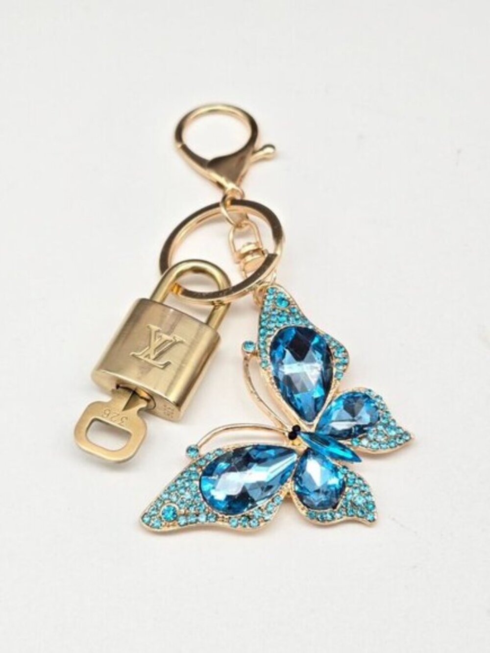 LV Gold Padlock 🔑 Authentic Louis Vuitton Charm + Unbranded Butterfly Keychain - Picture 2 of 9
